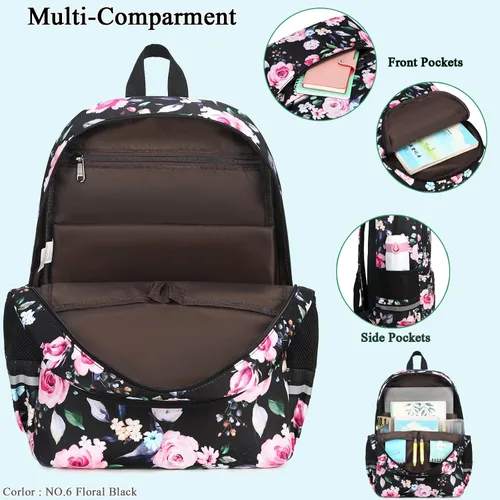 Vista 5 de Octsky - Juego de mochila escolar para niños y niñas con lonchera, Classic Lago Floral