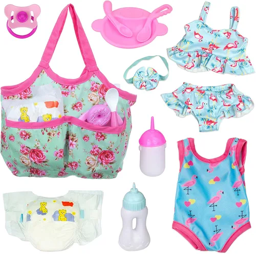 UNICORN ELEMENT 8 piezas de ropa y accesorios para muñecas de bebé, juego de alimentación y cuidado con bolsa de pañales para muñecas, ropa,