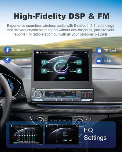 Vista 12 de Single Din Touchscreen Radio, Wireless CarPlay, 7"Motorized Filp