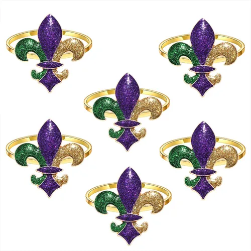 Vista 5 de 6 servilleteros de Mardi Gras, máscara con purpurina de flor de lis, servilleteros para colocar la mesa, servilletero de martes grasos, anillos