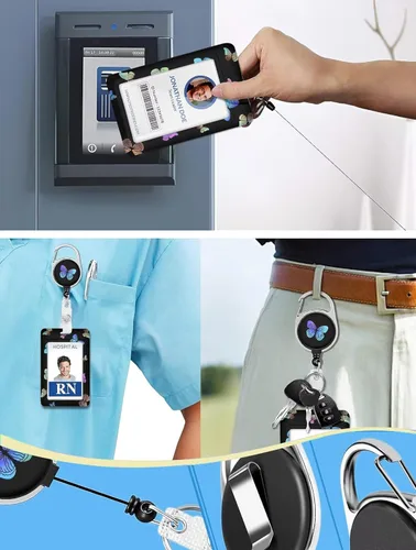 Vista 72 de Portatarjetas blanco con cordón para tarjetas de identificación, carrete retráctil negro con clip de mosquetón, tarjetero de identificación