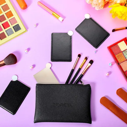 Vista 4 de Jetec 10 espejos compactos de bolsillo, mini espejo para bolso, cartera, pequeño, de acero inoxidable, irrompible con funda de piel sintética