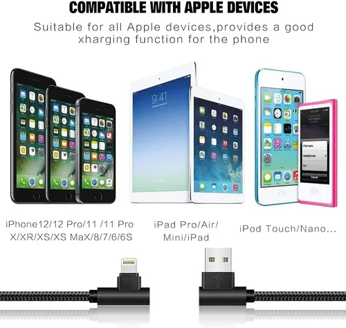 Vista 7 de APFEN Paquete de 5 cables para iPhone (3/3/6/6/10 pies) con certificación MFI de carga rápida, cable de datos trenzado de nailon de 90 grados