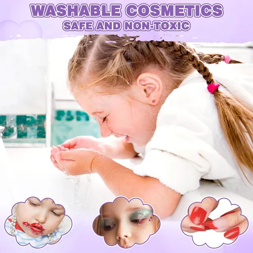 Vista 4 de Juego de 99 piezas de maquillaje para niñas, juguetes de princesa, juego de cosméticos lavables con espejo, lazos para el cabello, uñas, anillos