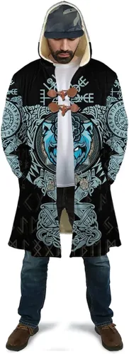 Vista 2 de Viking - Capa con capucha para hombre, abrigo nórdico de cachemira sintética para invierno, cálido, estampado 3D, chaqueta de cosplay, bata de baño