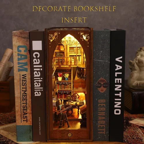 Vista 5 de Kisoy Kit de rincón de libros, rompecabezas de madera 3D, decoración de estantería, kit de casa en miniatura para adultos y adolescentes, mini casa
