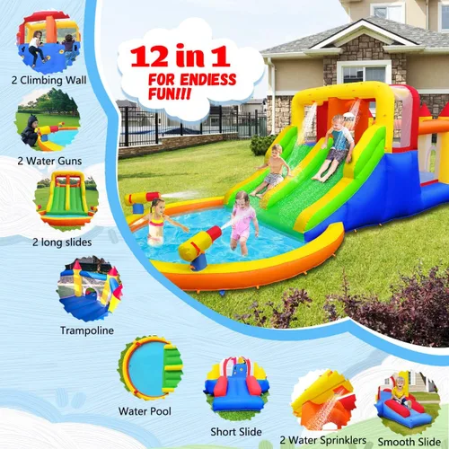 Vista 6 de Umbalir InfIatable Casa Bonuce con 4 toboganes y piscina grande para salpicaduras, parque acuático con pared de escalada ultra ancha, salto, cañones