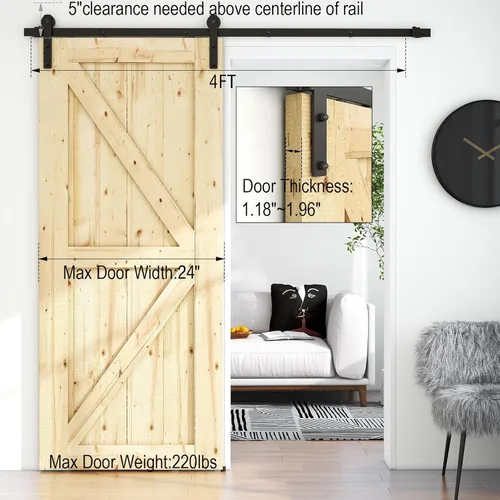 Vista 3 de Kit de herrajes para puerta corrediza de granero de 4 pies, puerta de madera individual, silencioso y fácil de instalar, se adapta a paneles de 24