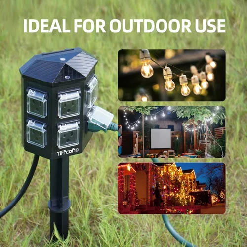 Vista 6 de TiFFCOFiO Tira de alimentación para exteriores resistente a la intemperie, cable de extensión de 15 pies con estaca, 6 tomas de tierra
