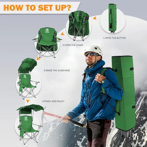 Vista 5 de Elevon Silla de campamento, silla plegable de gran tamaño con toldo, silla portátil para exteriores con brazos, portavasos y bolsa de transporte