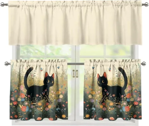 Vista 43 de Upgrad - Juego de cortinas de cocina con diseño de flor de cerezo para ventanas, 3 piezas, cortinas y cenefas para gatos, cortinas pequeñas