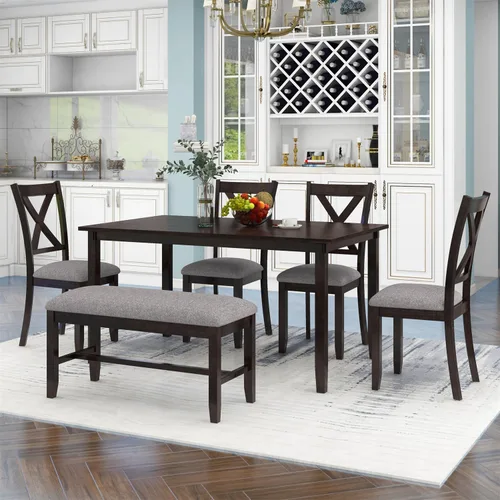 Harper & Bright Designs Juego de mesa de comedor de madera de 6 piezas con banco tapizado y 4 sillas de comedor, juego de mesa de cocina, muebles
