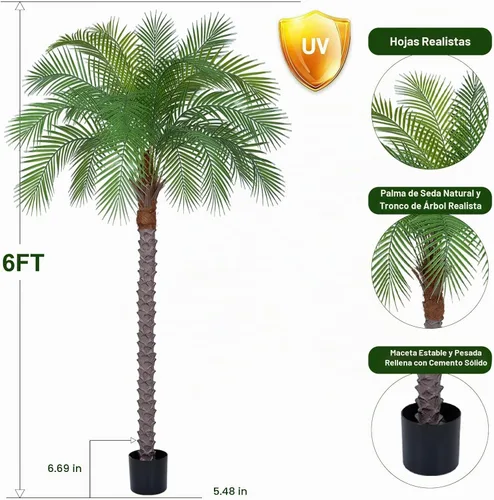 Vista 3 de Palmera fénix artificial de 6 pies, planta de palma artificial de seda de coco artificial para interiores y exteriores, hogar, oficina, patio, baño