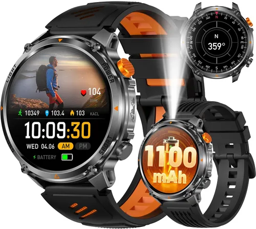 MIlitary - Reloj inteligente para hombre con brújula, linterna, batería de 100 días, resistente al agua IP68, responder/hacer llamadas, reloj de