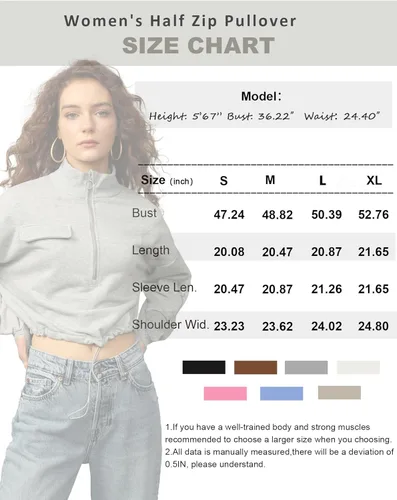 Vista 6 de SILKWORLD Sudadera corta con cremallera de un cuarto para mujer, manga larga, cuello alto, cordón ajustable, con bolsillos