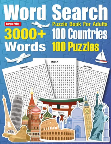 Word Search Puzzle Book for Adults 3000+ Words (Large Print) 100 Countries - 100 puzzles Activity Book & Brain Games for Seniors, Adults & Teens