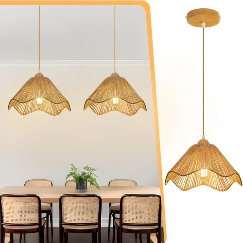 Vista 12 de Lámpara Colgante de Ratán Boho para Isla de Cocina, Candelabros de Granja de Altura Ajustable Lámpara Colgante para Comedor, Luminarias de Luces