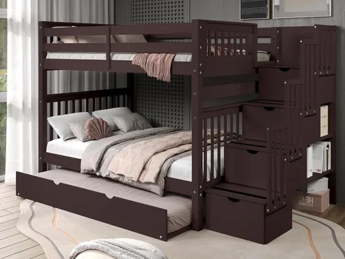 Bedz King Literas de escalera de tamaño matrimonial con 4 cajones en los escalones y un nido completo, color cereza oscuro