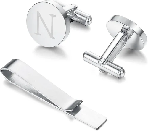 Vista 4 de Diamday Cuff Links and Tie Clips Set Personalized Cufflinks for Men Silver Gold Initial Cufflinks Men's Link Shirt Studs Tie Letter Tie Clips and