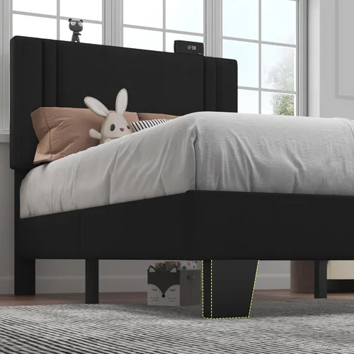 Vista 5 de Feonase - Base de cama tamaño individual, plataforma tapizada con respaldo abatido, listones de madera maciza y soporte de pies resistente, no Negro