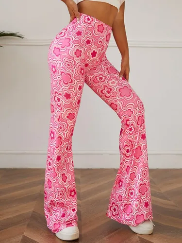 Vista 5 de OYOANGLE Pantalones de yoga de cintura alta con estampado floral para mujer