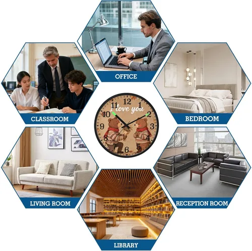 Vista 8 de Luminous Voice-Activated Wall Clocks Non-Ticking Silent Battery Operated Small Analog Clock I Love You Retro Bear Propose Brown 12 Inch Decorative