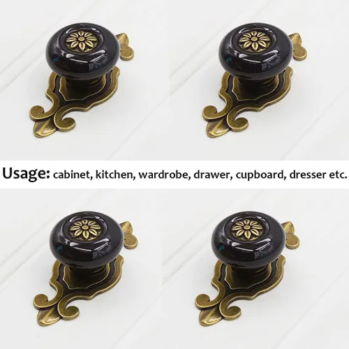 Vista 5 de Pomos de cerámica para gabinete, [4 unidades] Perillas vintage elegantes para cajones con placa trasera, manijas de gabinete