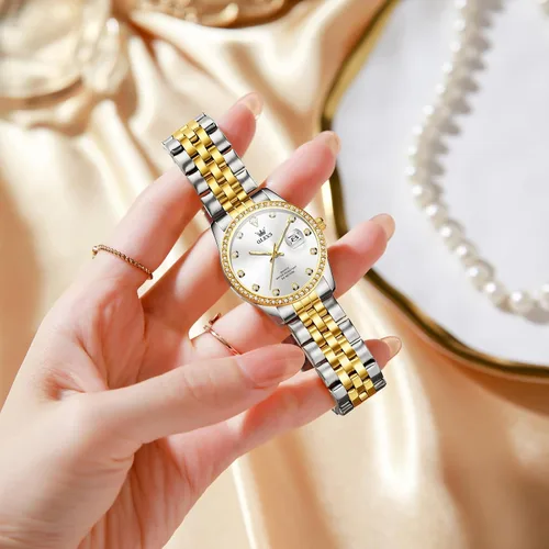 Vista 8 de OLEVS Reloj de acero inoxidable para mujer, estilo vintage, dorado, plateado, de dos tonos, analógico, de cuarzo, casual, impermeable