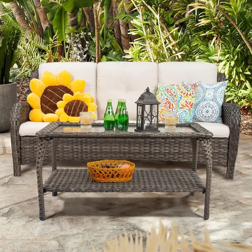 Vista 7 de Joyside Juego de muebles de patio de 2 piezas de mimbre para exteriores, juegos conversacionales con sofá de 3 asientos, mesa de centro de ratán