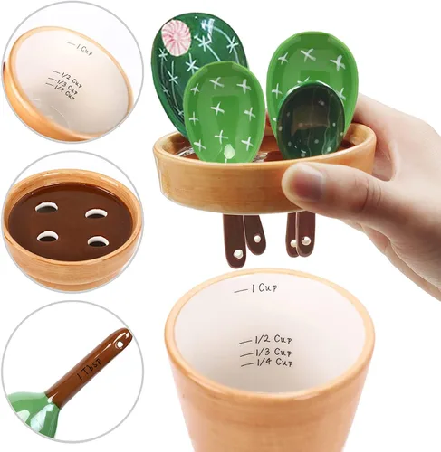 Vista 7 de Juego de 5 cucharas medidoras/cucharas de cerámica y taza base medidora/para ingredientes secos y líquidos, bonita forma de cactus