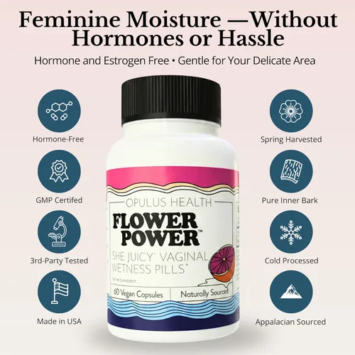 Vista 2 de Flower Power Cápsulas de apoyo de humedad vaginal para mujeres — Suplemento de sequedad vaginal con corteza de olmo resbaladiza en polvo Apoya