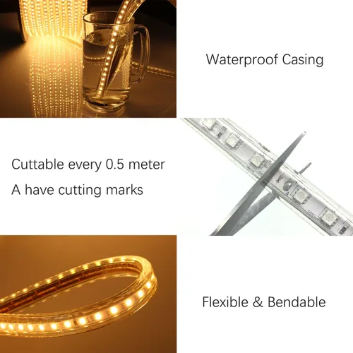 Vista 4 de KERTME Tira de luces LED blancas tipo 5050-60 CA de 110-120 V, flexible, impermeable, regulable, multimodos de luz LED + control remoto de 23 teclas