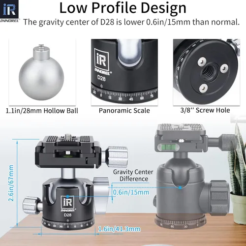 Vista 3 de INNOREL D28 - Cabezal de bola de trípode de perfil bajo de 1.102 in, profesional, todo metal, CNC, 360°, cabeza de trípode para cámara panorámica