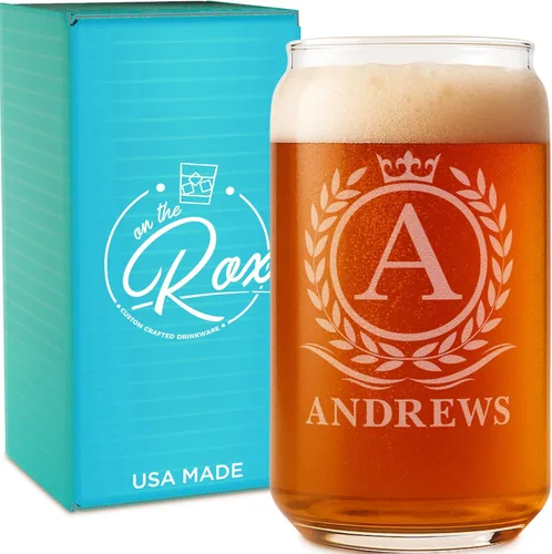 Vaso de cerveza personalizado para hombres, vaso de cerveza personalizado de 16 onzas (4 diseños), nombre grabado y diseño de monograma inicial,