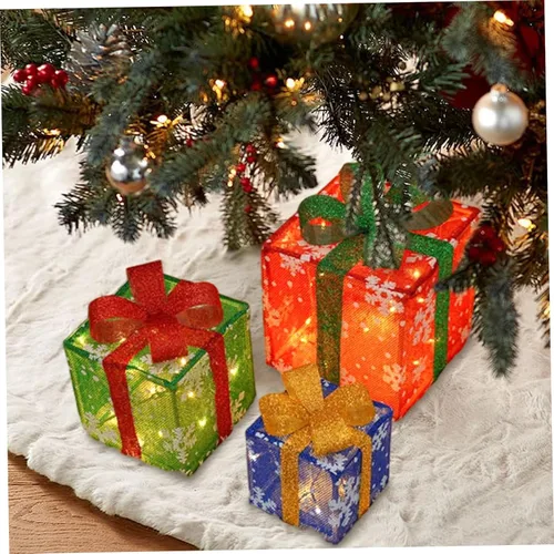 Vista 5 de Decoraciones navideñas para interiores, 3 cajas de regalo LED iluminadas, cajas visuales para el hogar, tienda, escuela, oficina, bar, 6, 8 y 10