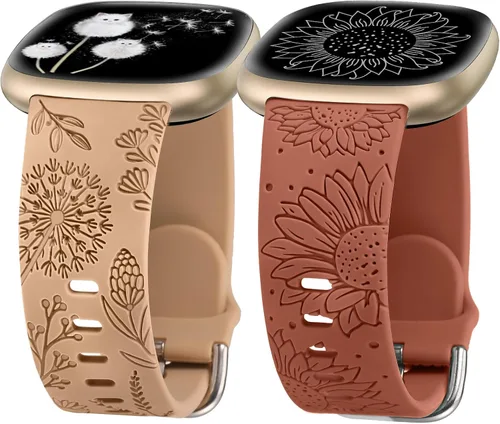 Vista 17 de Minyee Paquete de 2 correas grabadas florales compatibles con Fitbit Versa 4/Versa 3/Sense 2/Sense Band para mujer, lindo diseño de girasol