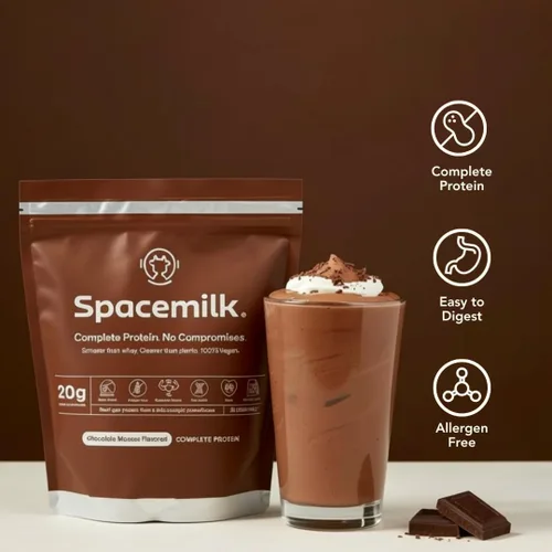 Vista 2 de Spacemilk Chocolate Mousse - Proteína vegana en polvo, 0.71 onzas de proteína completa, PDCAAS 1.0, cero azúcar, sin alérgenos, sin lácteos, sin