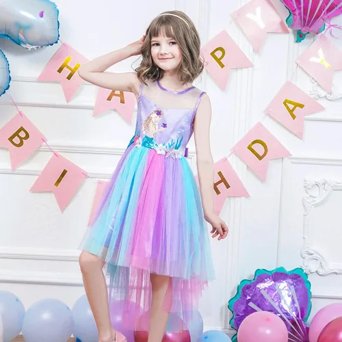 Vista 2 de Sunny Fashion Vestido de flores para niñas, unicornio, arco iris, concurso de princesa, fiesta, Arco iris