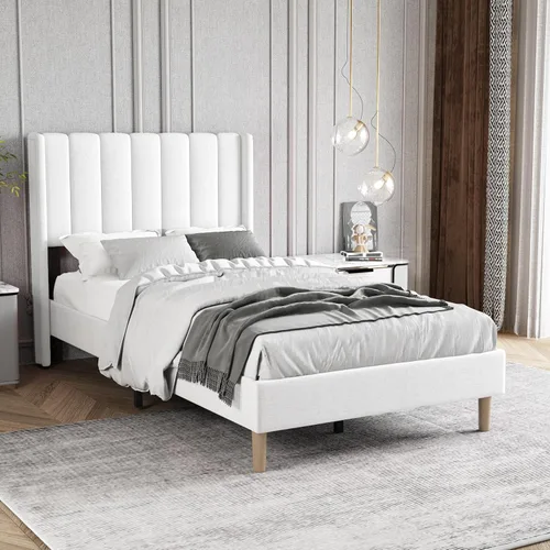 Vista 67 de Zoophyter Base de cama tapizada de plataforma tamaño King con cabecero, listones de madera fuertes, no necesita somier, fácil montaje, lino blanco