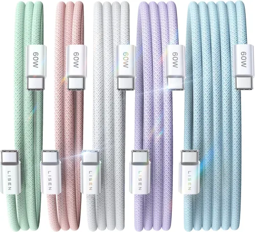 Vista 14 de LISEN Cable USB C, paquete de 5 cables USBC a USBC [0.5 pies] para iPhone 17 16e 15 Pro Max, cable de carga rápida de 60 W C a C para Galaxy Negro