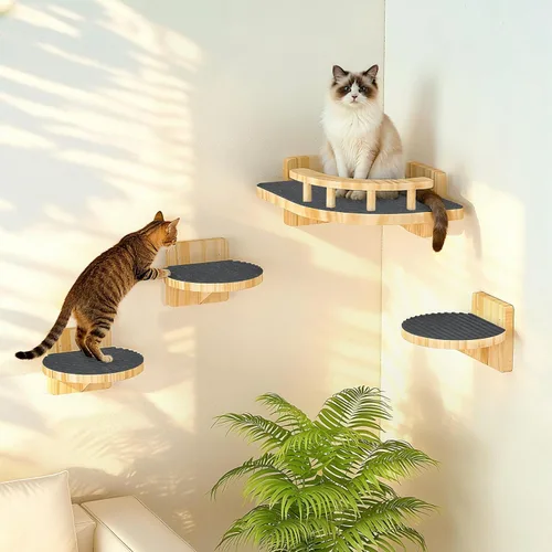 XiaZ Estantes de pared para gatos, estante esquinero para gatos con 3 escalones de percha anchos, muebles de madera para escaladores de pared de