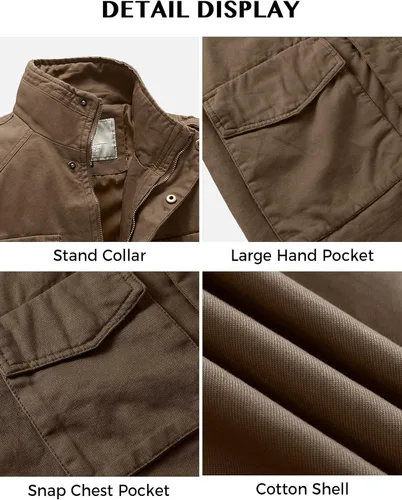 Vista 7 de WenVen Chaqueta ligera de estilo militar para hombre, rompevientos de algodón de sarga