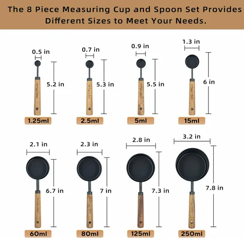 Vista 6 de Juego de 8 tazas y cucharas medidoras, taza medidora de acero inoxidable con mango de madera, para cocina/comida/líquidos/horneado (Negro)