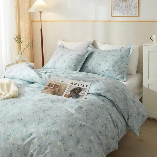 Vista 7 de VM VOUGEMARKET Juego de funda de edredón tamaño individual, juego de ropa de cama de flores azul claro para niñas, 100% algodón, funda de edredón