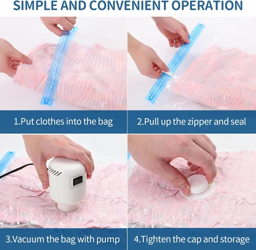 Vista 4 de Paquete de 8 bolsas de almacenamiento de sellado al vacío con bomba eléctrica, ahorro de espacio, espacio de compresión, para ropa, edredones