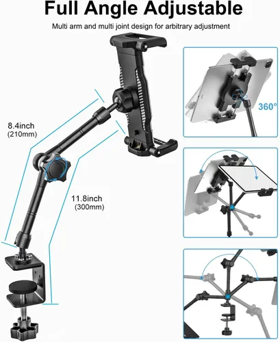 Vista 3 de Soporte de aluminio para tablet para soporte de escritorio, soporte de tableta [pequeño portátil] para cocina, clip de cama con abrazadera grande
