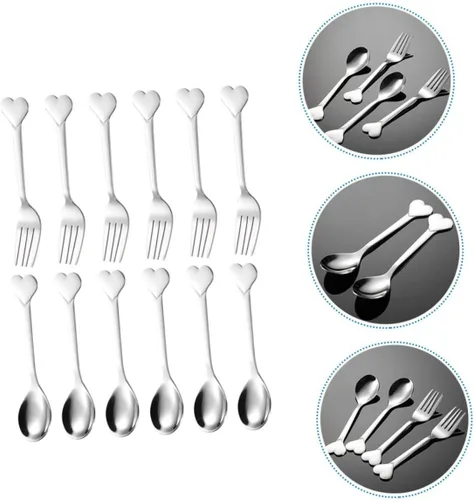 Vista 8 de Juego de 12 tenedores y cucharas de acero inoxidable en forma de corazón para postres, aperitivos de frutas y fiestas, cubiertos aptos