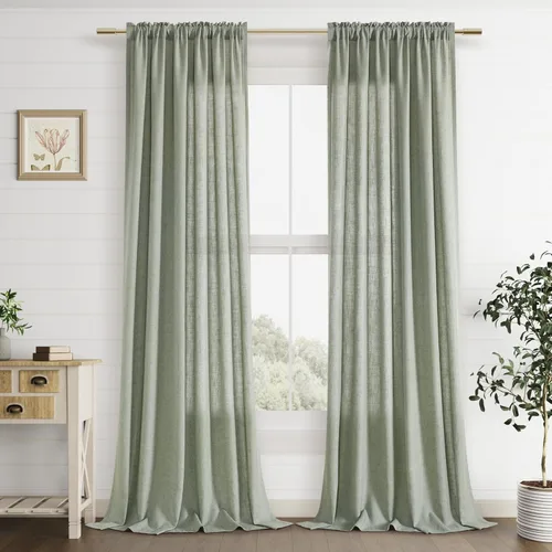 Vista 96 de Guken Cortinas de lino verde aguamarina de 84 pulgadas de largo, juego de 2 paneles semitransparentes con bolsillo para barra para comedor