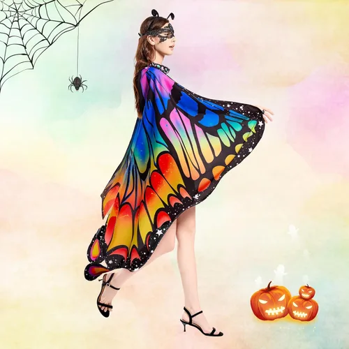 Vista 3 de Tibeha ButterflyWingsforWomen Kids - Double-SidedPrintingCostumeHalloweenGirls CapewithMaskandAntennaHeadband