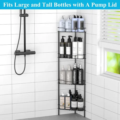 Vista 4 de 4 Tier Floor Standing Corner Shower Caddy Organizer Shelf with Hooks, Bathroom Shelves Stand Rack, Black